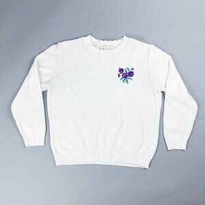 Vintage Girly Sweater | 80's White Knit Jumper with Floral Embroidery